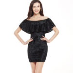 Women's Fashion Sexy Velvet Off Shoulder Short Sleeve Black  Mini Dresses - Celino Corp.