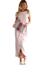 Women's Long Dress Evening Party Short Sleeve Round Neck Pink Solid Dress - Celino Corp.