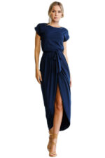 Women's Long Dress Evening Party Short Sleeve Round Neck Blue Solid Dress - Celino Corp.