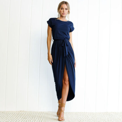 Women's Long Dress Evening Party Short Sleeve Round Neck Blue Solid Dress - Celino Corp.