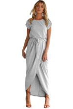 Women's Long Dress Evening Party Short Sleeve Round Neck Gray Solid Dress - Celino Corp.