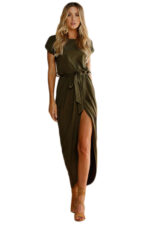 Women's Long Dress Evening Party Short Sleeve Round Neck Green Solid Dress - Celino Corp.