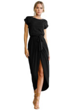 Women's Long Dress Evening Party Short Sleeve Round Neck Black Solid Dress - Celino Corp.