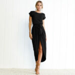 Women's Long Dress Evening Party Short Sleeve Round Neck Black Solid Dress - Celino Corp.
