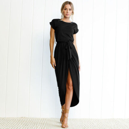 Women's Long Dress Evening Party Short Sleeve Round Neck Black Solid Dress - Celino Corp.