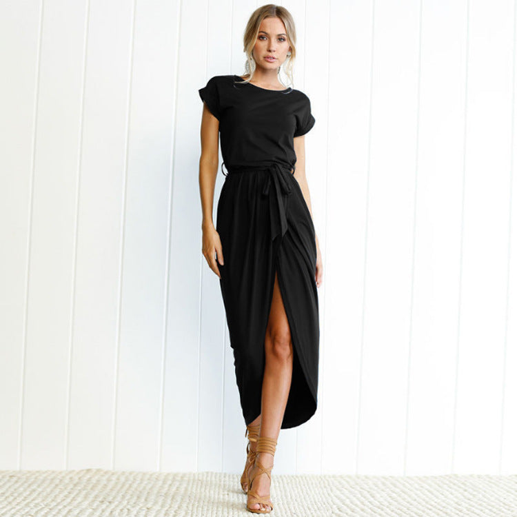 Women's Long Dress Evening Party Short Sleeve Round Neck Black Solid Dress - Celino Corp.