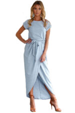 Women's Long Dress Evening Party Short Sleeve Round Neck Sky Blue Solid Dress - Celino Corp.