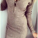 Women Winter Zip Front Long Sleeve Gray Sweater Dress - Celino Corp.