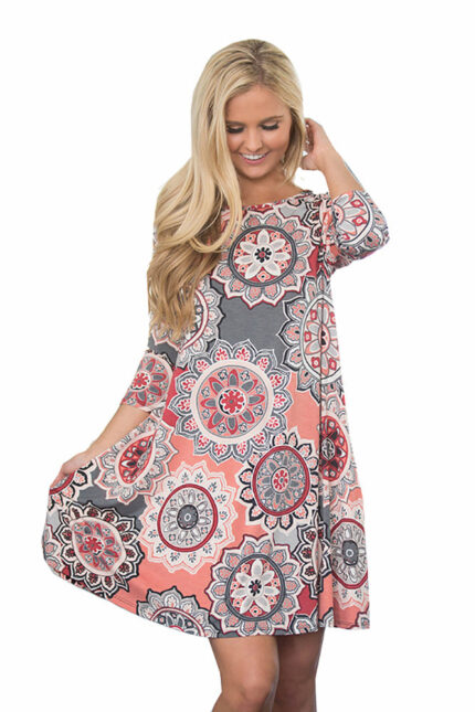 Celino Women's Casual O Neck Three Quarter Sleeve Grey Floral Mini Dress - Celino Corp.