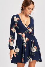 Celino Women's Casual Party Deep V Neck Navy Blue Floral Printed Mini Dress - Celino Corp.