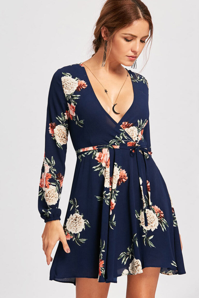 Celino Women's Casual Party Deep V Neck Navy Blue Floral Printed Mini Dress - Celino Corp.