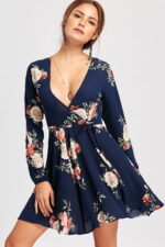 Celino Women's Casual Party Deep V Neck Navy Blue Floral Printed Mini Dress - Celino Corp.