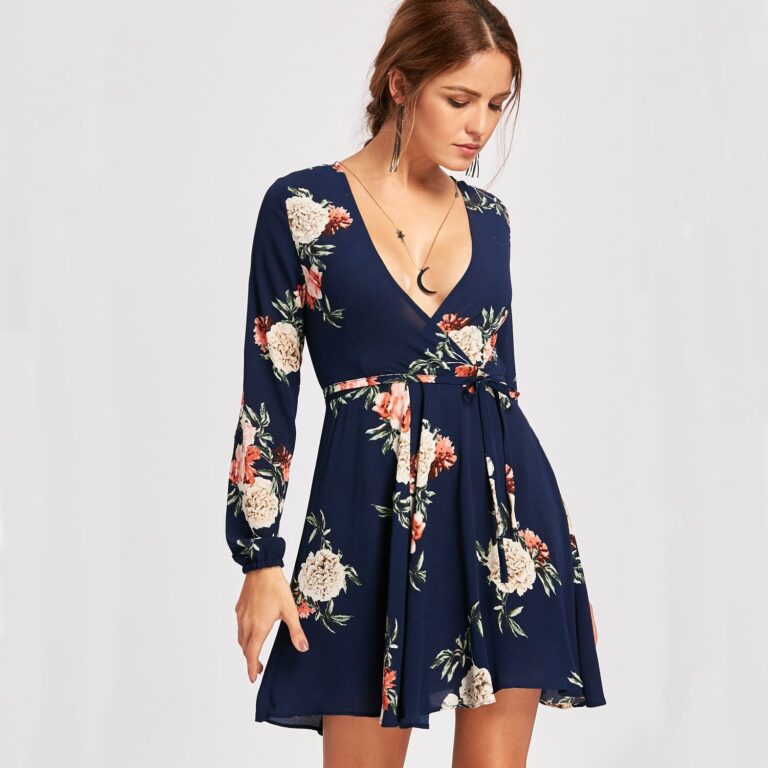 Celino Women's Casual Party Deep V Neck Navy Blue Floral Printed Mini Dress - Celino Corp.
