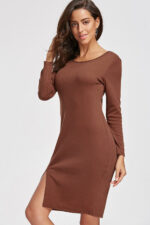 Celino Women's Casual Party Wear Round Neck Solid Brown Mini Dress - Image 6