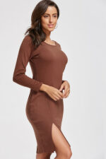 Celino Women's Casual Party Wear Round Neck Solid Brown Mini Dress - Image 7