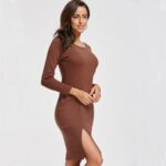 Celino Women's Casual Party Wear Round Neck Solid Brown Mini Dress - Image 2