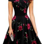 Celino Ladies Vintage Cap Sleeve Red Roses Floral Print Balck Midi Skater Dress