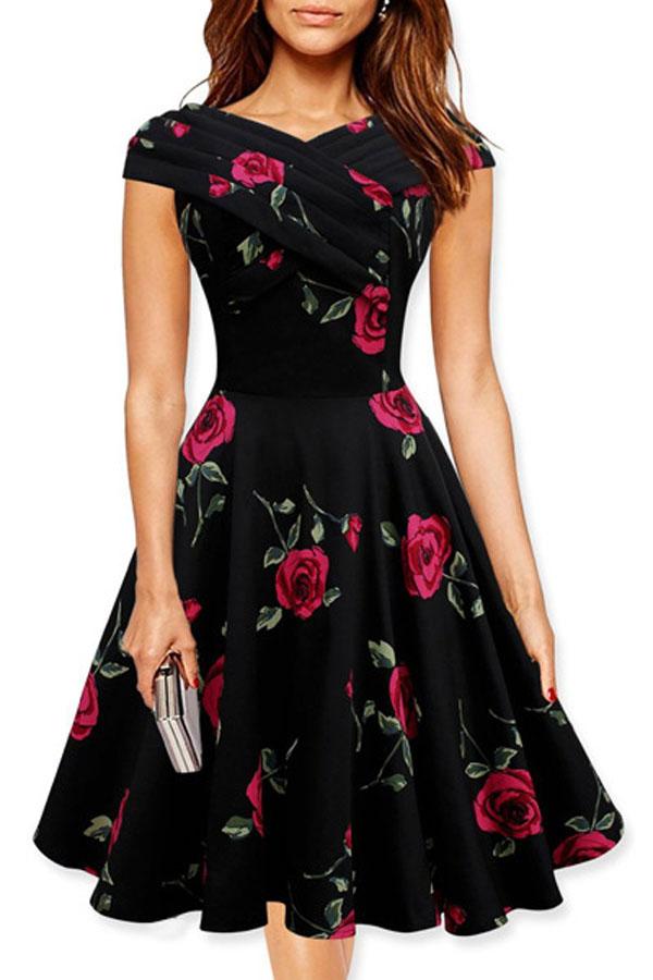 CEBDR096_-1 Celino Ladies Vintage Cap Sleeve Red Roses Floral Print Balck Midi Skater Dress - Image 1