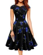 Celino Ladies Vintage Cap Sleeve Blue Roses Floral Print Black Skater Dress - Image 3
