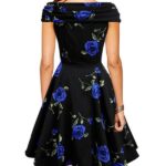 Celino Ladies Vintage Cap Sleeve Blue Roses Floral Print Black Skater Dress
