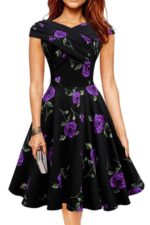 Celino Ladies Vintage Cap Sleeve Purple Roses Floral Print Black Skater Dress - Image 3