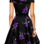Celino Ladies Vintage Cap Sleeve Purple Roses Floral Print Black Skater Dress