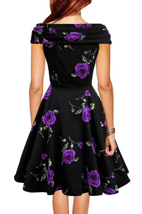 CEBDR098_-2 Celino Ladies Vintage Cap Sleeve Purple Roses Floral Print Black Skater Dress - Image 1