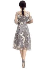 Celino Ladies Three Quarter Sleeve O Neck Floral Printed Gray Midi Dresses - Image 3