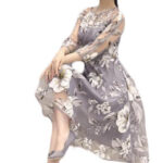 Celino Ladies Three Quarter Sleeve O Neck Floral Printed Gray Midi Dresses