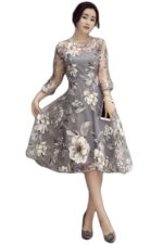 Celino Ladies Three Quarter Sleeve O Neck Floral Printed Gray Midi Dresses - Image 2