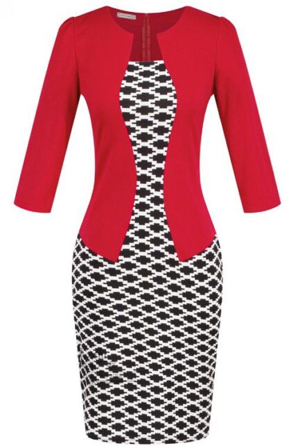 Celino Ladies Office Wear Formal Printed Plaid Red Mini Bodycon Pencil Dress