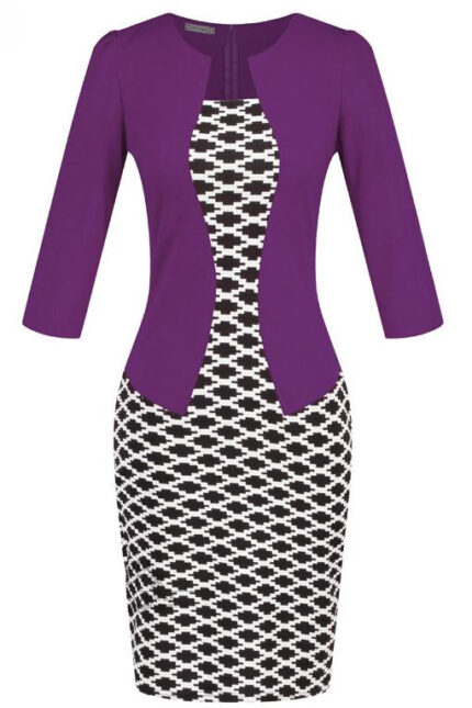 Celino Ladies Office Wear Formal Printed Plaid Purple Mini Pencil Dress