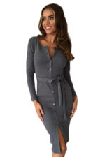 Celino Women's Ladies Winter Casual Gray Long Sleeve Button Front Dress - Image 2