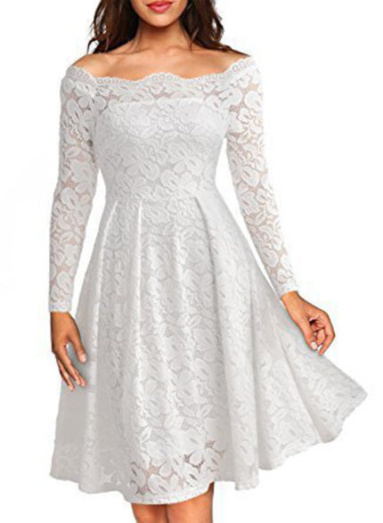 Celino Women's White Floral Lace Off Shoulder Long Sleeve Skater Dress - Celino Corp.
