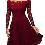 Celino Women's Burgundy Floral Lace Off Shoulder Long Sleeve Skater Dress