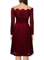 Celino Women's Burgundy Floral Lace Off Shoulder Long Sleeve Skater Dress - Image 2