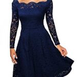 Celino Women's Navy Blue Floral Lace Off Shoulder Long Sleeve Skater Dress - Celino Corp.