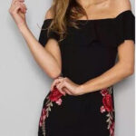Celino Women's Black Floral Printed Off Shoulder Short Sleeve Bodycon Dress