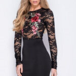Celino Women's Lace Floral Printed O Neck Long Sleeve Black Mini Bodycon Dress - Celino Corp.