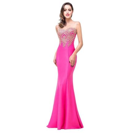 Celino Women's Mermaid Prom Sheer Jewel Neck Floor Length Pink Gown Party Dress - Celino Corp.