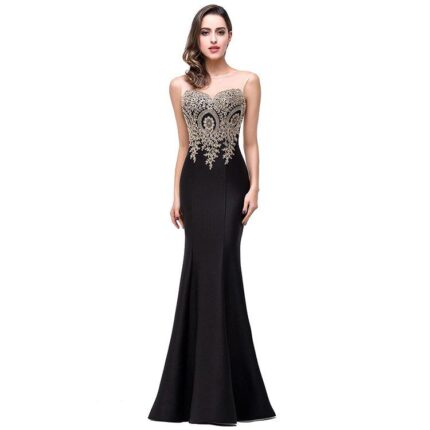 Celino Women's Mermaid Prom Sheer Jewel Neck Floor Length Black Gown Party Dress - Celino Corp.