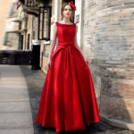 Celino Women's Red Long Gown Floor Length Round Neck Sleeveless Party Dress