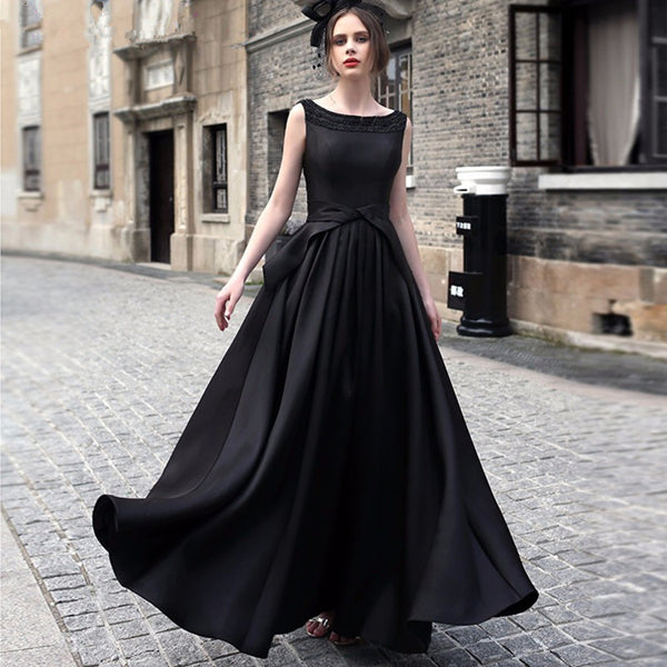 CEBDR139_1 Celino Women's Black Long Gown Floor Length Round Neck Sleeveless Party Dress - Image 1
