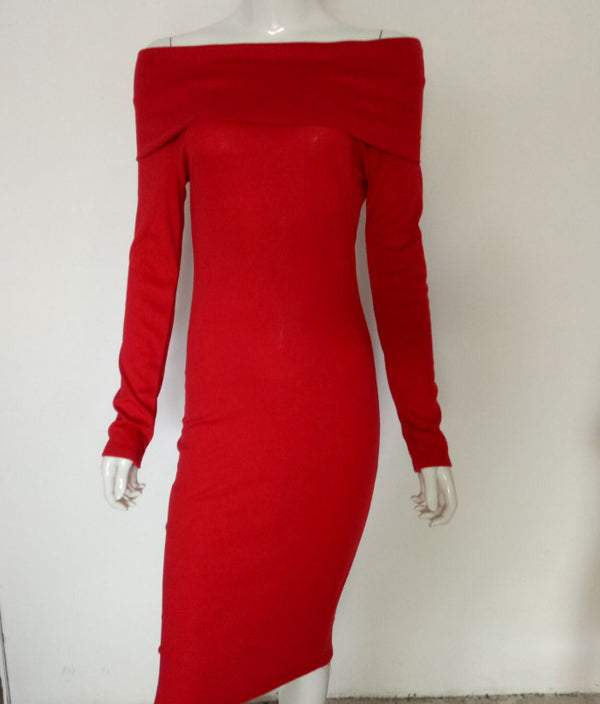 CEBDR153_1 Celino Women's sexy Long Sleeve Off Shoulder Red Short Midi Dress - Celino Corp.