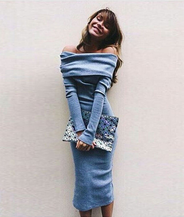 CEBDR154_1 Celino Women's Sexy Long Sleeve Off Shoulder Blue Short Midi Dress - Celino Corp.