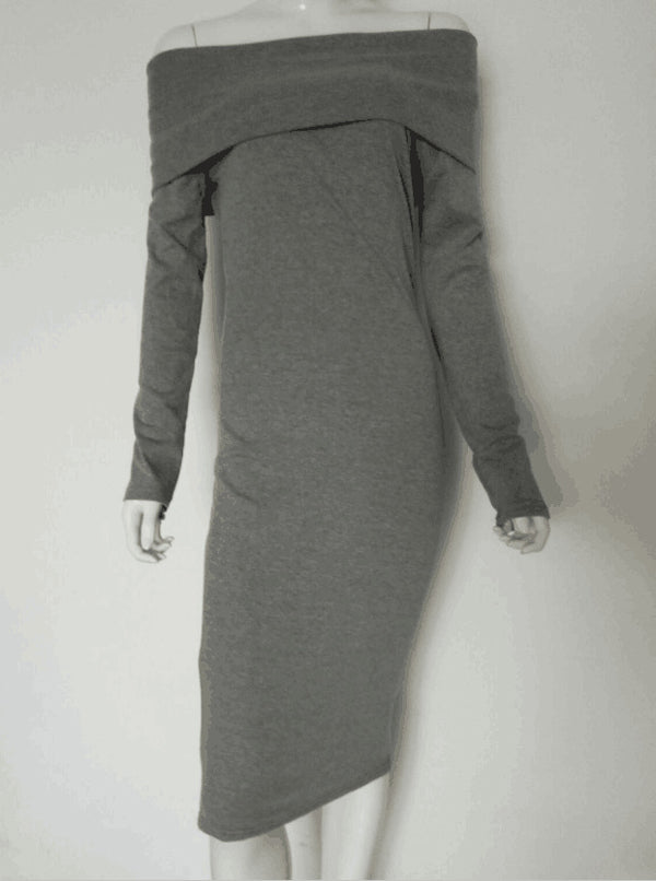 CEBDR155_1 Celino Women's Sexy Long Sleeve Off Shoulder Gray Short Midi Dress - Celino Corp.