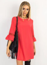 Celino Women's Ruffle Three Quarter Sleeve O Neck Red Mini Dress - Image 2
