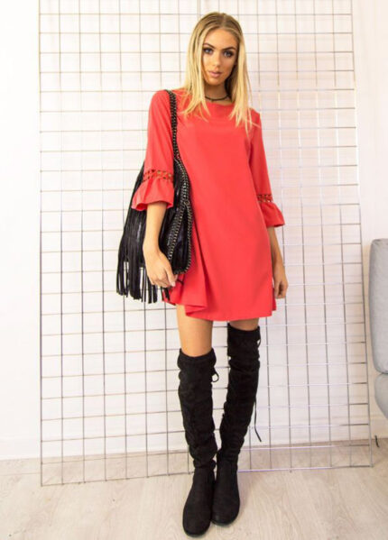 Celino Women's Ruffle Three Quarter Sleeve O Neck Red Mini Dress