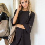Celino Women's Ruffle Three Quarter Sleeve O Neck Jet Black Mini Dress