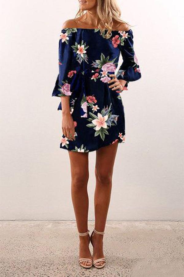 Celino Women's Cocktail Party Blue Floral Printed Off Shoulder Mini Dress - Celino Corp.